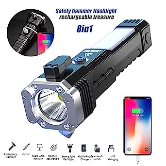 Portable 3w Rechargeable Torch LED Flashlight Long Distance Beam Range, Hammer and Strong Magnets, Window Glass and Seat Belt Cutter 4 Modes for Car Camping Hiking Indoor Outdoor SKU: 1524_rechargeable_3w_led_torch